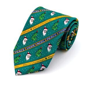 Vintage Cape Cod Neckwear Repp Tie Novelty Christmas Santa Peace Hope Noel Green